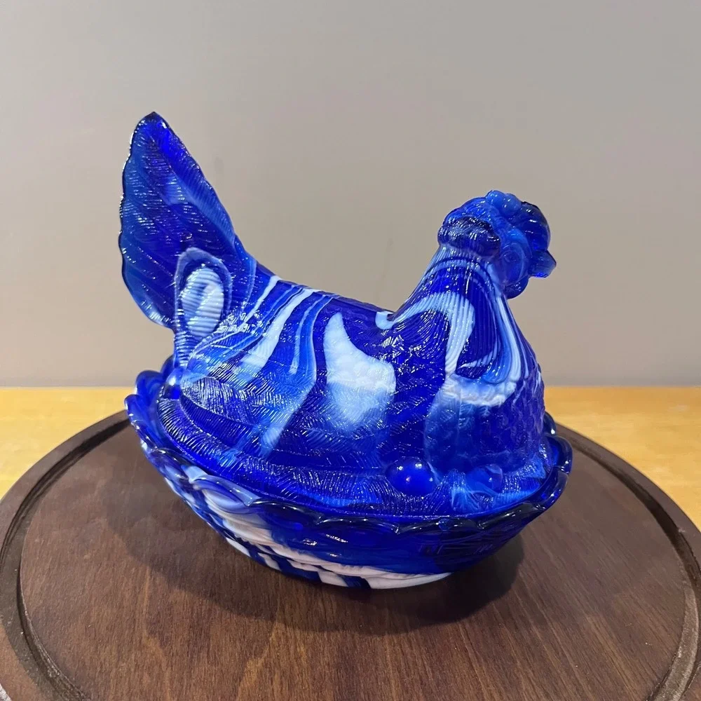 Vtg LG Wright Blue Slag Glass Hen on Nest Farmhouse Marbled READ 5.5in